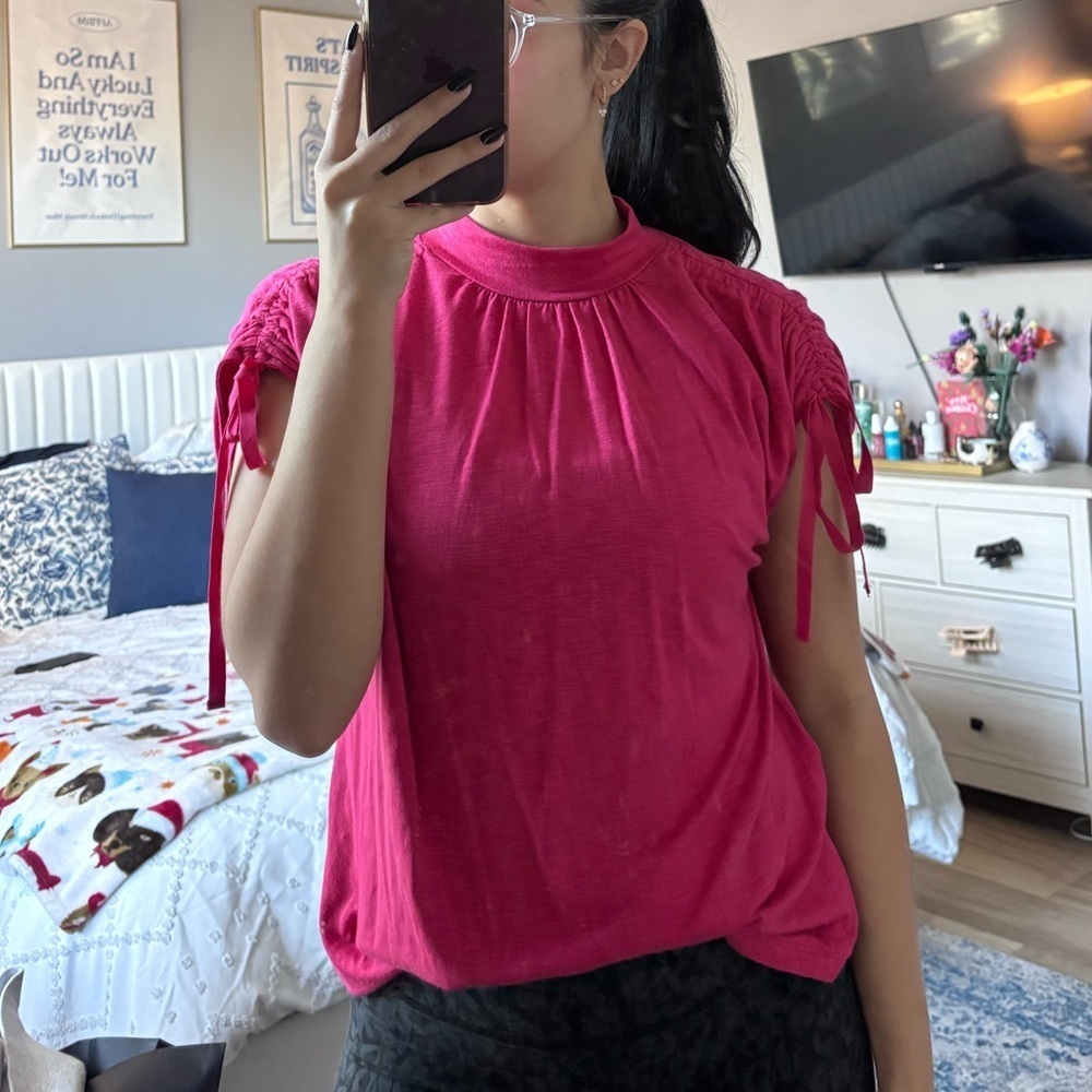 Women's Pink Anthropologie Mock Neck Short Sleeve